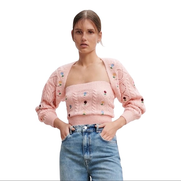 Zara Pink Floral Embroidered Cropped Cardigan - Picture 16 of 16